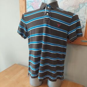 American Eagle Outfitter Blue Brown Polo Shirt Casual Striped Design Men Size L